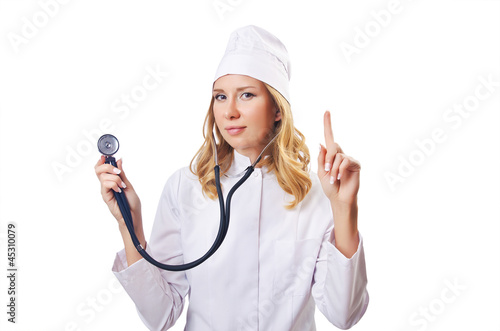 Attrative woman doctor isolated on white