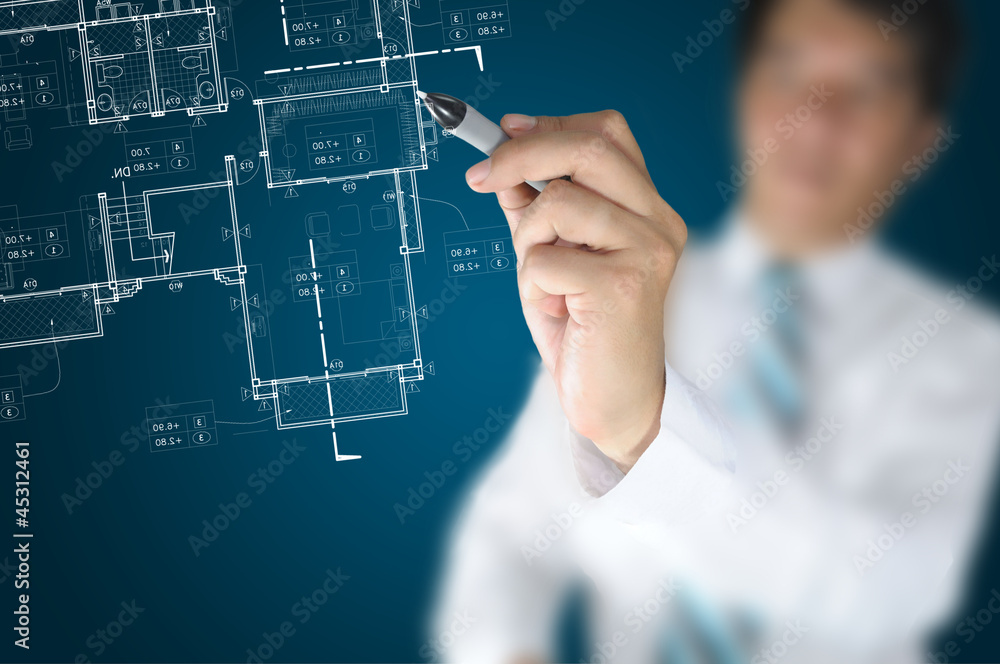 Hand of Business Man or Architect Draw architectural home plan
