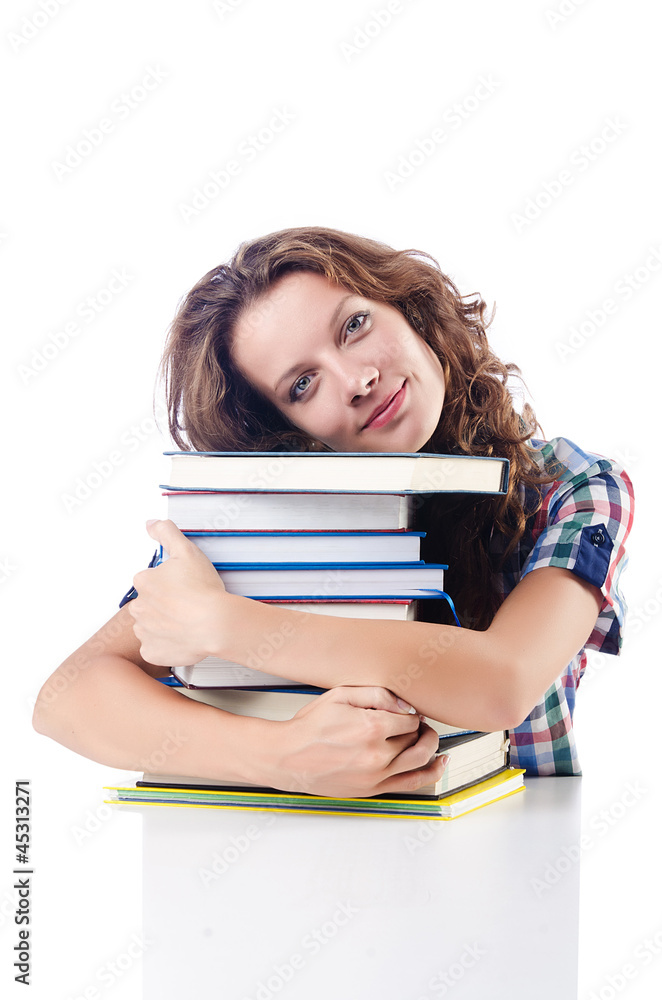 Student with lots of books on white Student with lots of books on white