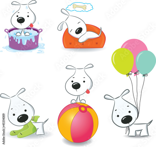 A set of funny puppies.Isolated on white.
