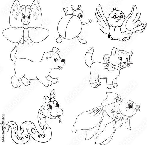 Vector set of outlined cartoon animals. Coloring book.