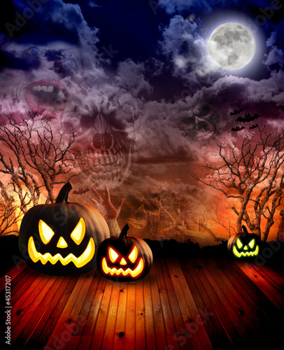Scary Halloween Pumpkins at Night