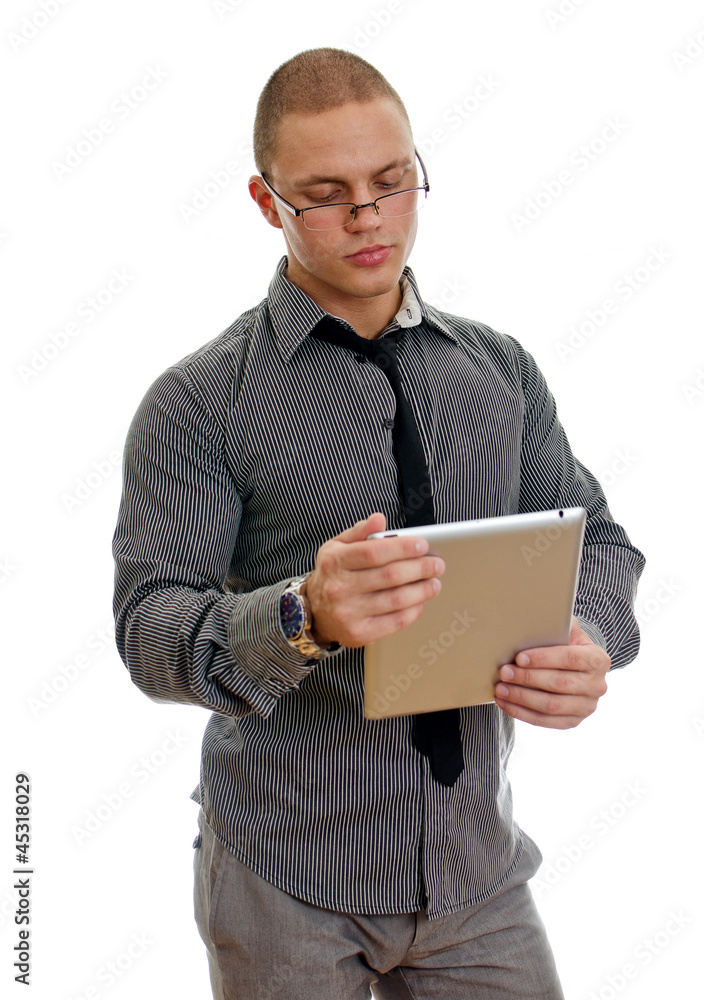 Young handsome man using tablet pc. Isolated on white Young handsome man using tablet pc. Isolated on white