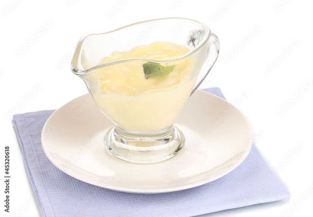 Mayonnaise in bowl on napkin isolated on white Mayonnaise in bowl on napkin isolated on white