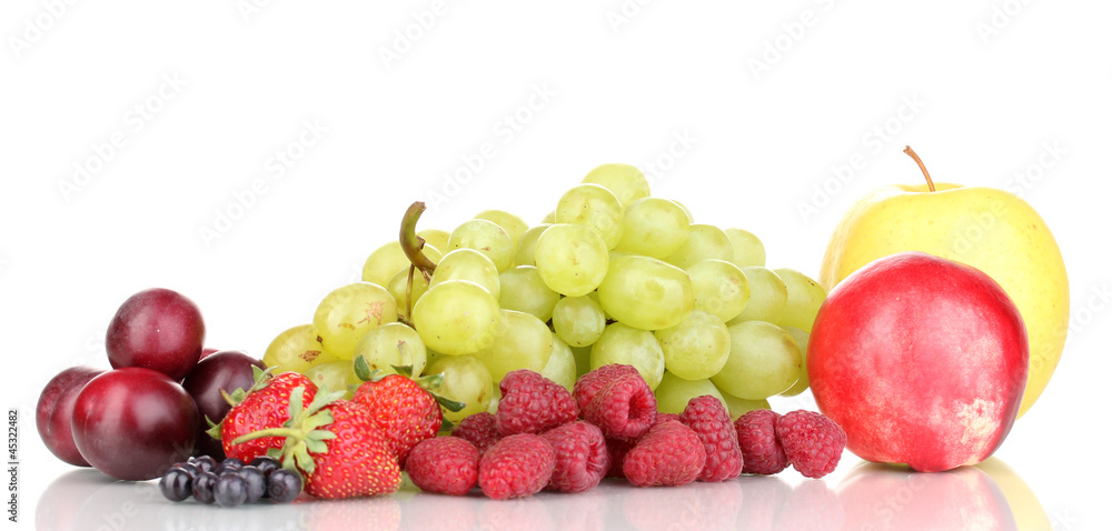 Mix of ripe sweet fruits and berries isolated on white Mix of ripe sweet fruits and berries isolated on white