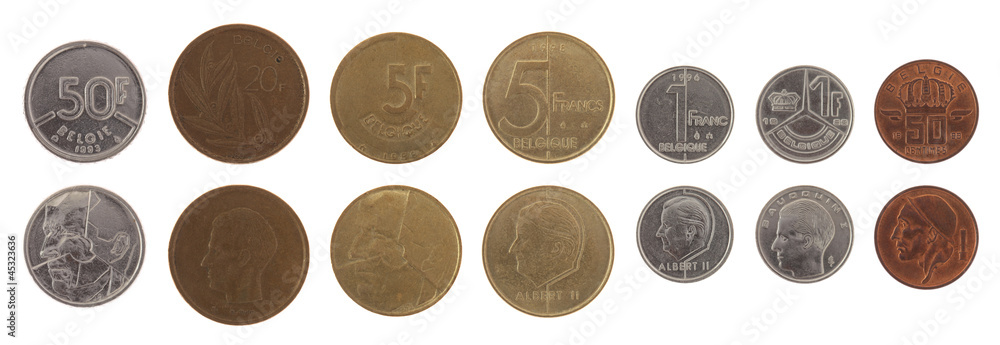 Old Belgian Coins Isolated on White Old Belgian Coins Isolated on White