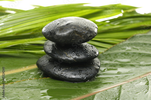 Stacked stones on palm leaf and bird of paradise leaf