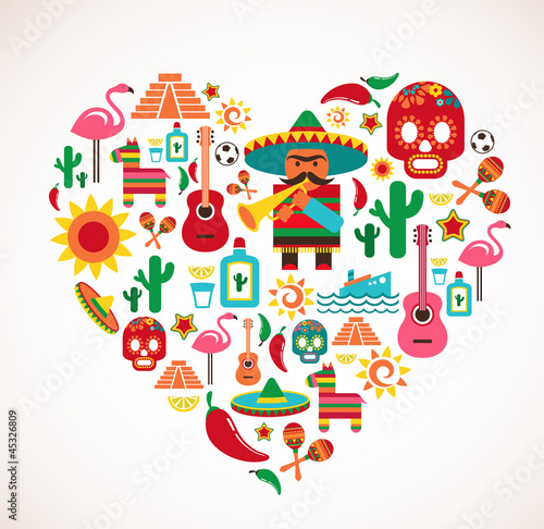 Mexico love - heart with set of vector icons