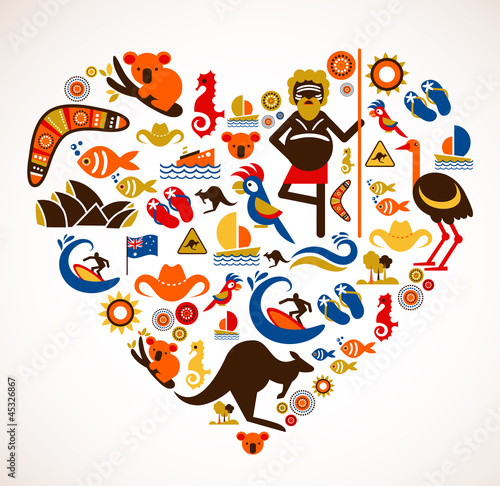Australia love - heart with set of vector icons