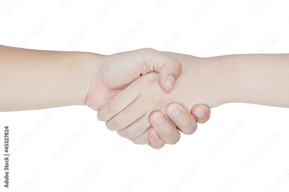 Shaking hands of two people isolated on white background