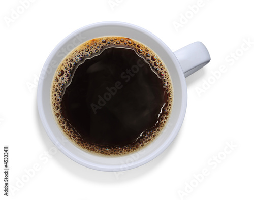 Top view of a cup of coffee, isolate on white