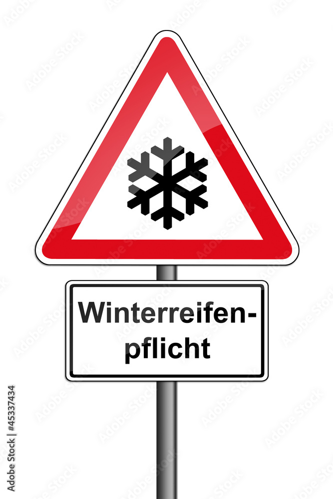 Warnschild RAL 3001 signalrot freigestellt - Winterreifenpflicht Warnschild RAL 3001 signalrot freigestellt - Winterreifenpflicht