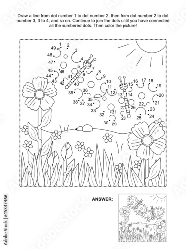 Connect the dots picture puzzle and coloring page, spring or summer joy themed, with butterflies, flowers, grass. Answer included.