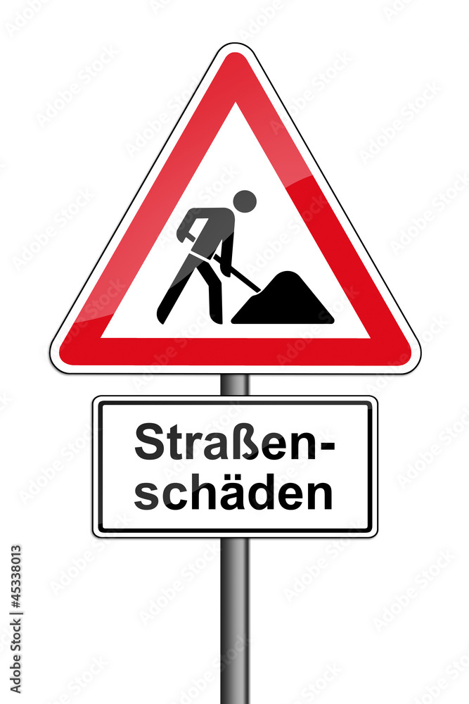Warnschild RAL 3001 signalrot freigestellt - Straßenschäden Warnschild RAL 3001 signalrot freigestellt - Straßenschäden
