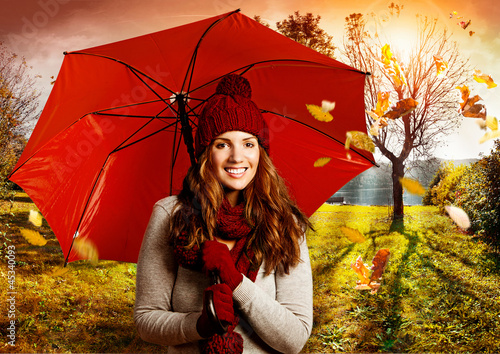 Leinwanddruck Bild - Patrizia Tilly : umbrella 07/girl with umbrella in beautiful autumn landscape