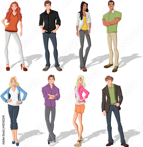 Group of fashion cartoon young people