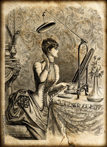 elegant woman looking at mirror