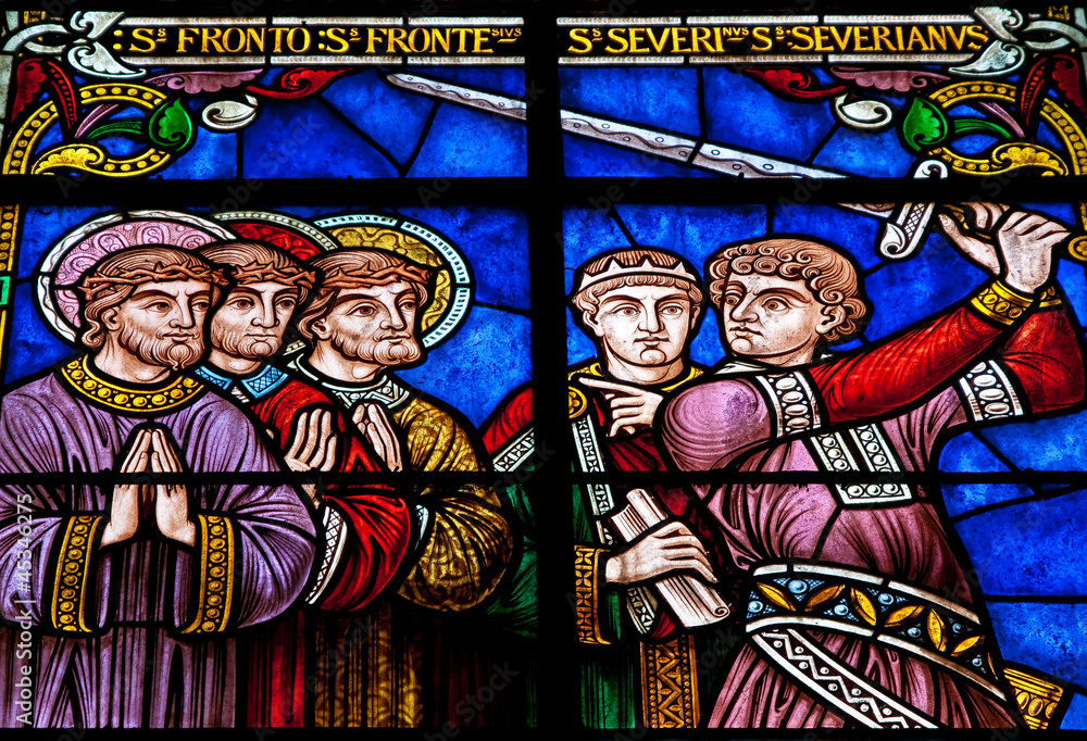 Stained glass with knight and saints
