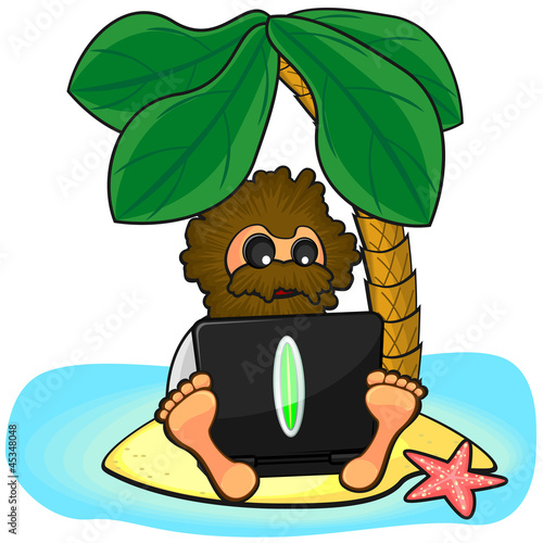 Wild man with laptop on island