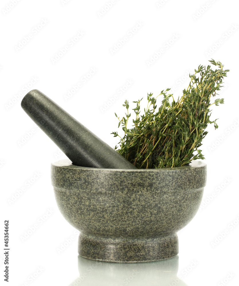mortar with fresh green thyme isolated on white