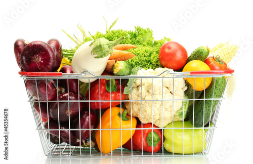 Fresh vegetables in metal basket isolated on white