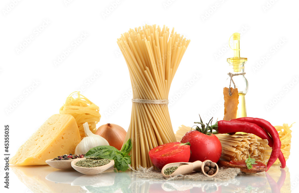 Pasta spaghetti, vegetables, spices and oil, isolated on white Pasta spaghetti, vegetables, spices and oil, isolated on white