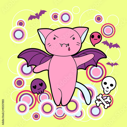 Vector kawaii illustration Halloween cat and creatures.
