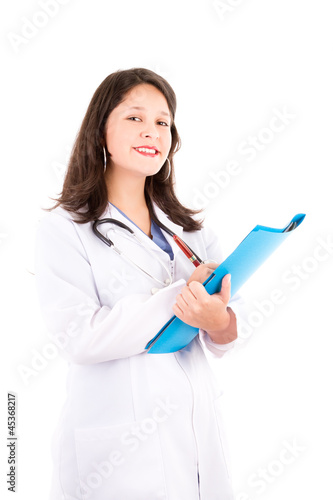 Friendly female doctor isolated on white smiling
