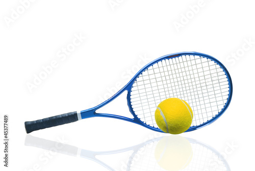Blue tennis racket and yellow ball isolated white background © wolfelarry