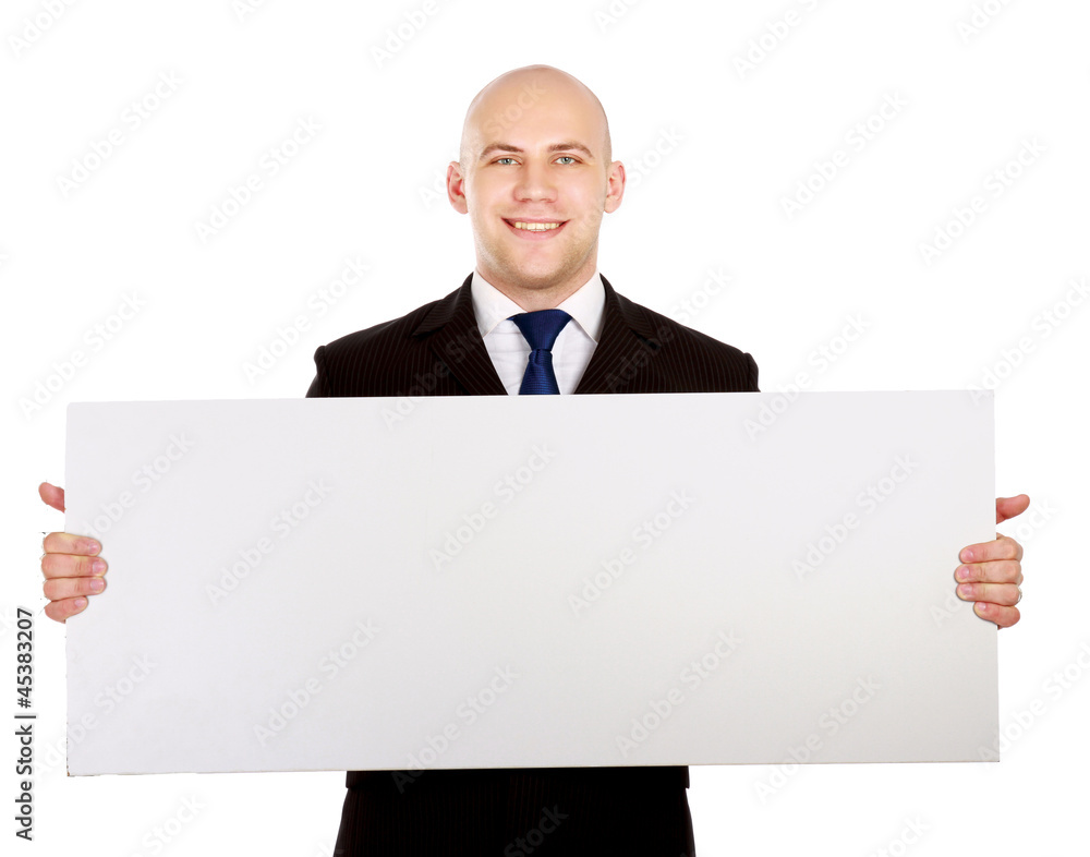 A business man with an empty blank, isolated on white background A business man with an empty blank, isolated on white background