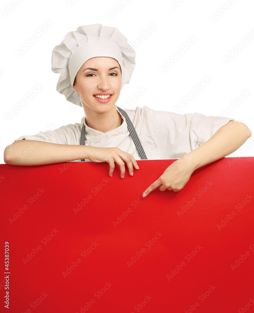 Happy woman cook or baker holding over paper sign billboard. Happy woman cook or baker holding over paper sign billboard.
