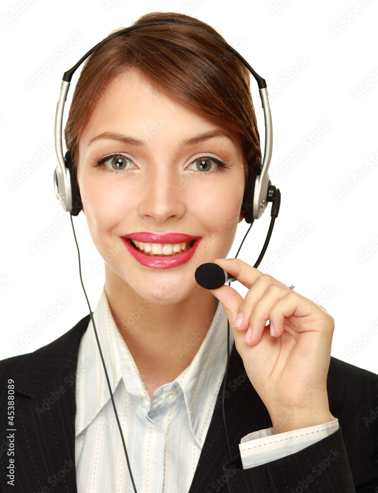 A smiling customer service girl isolated on white background A smiling customer service girl isolated on white background