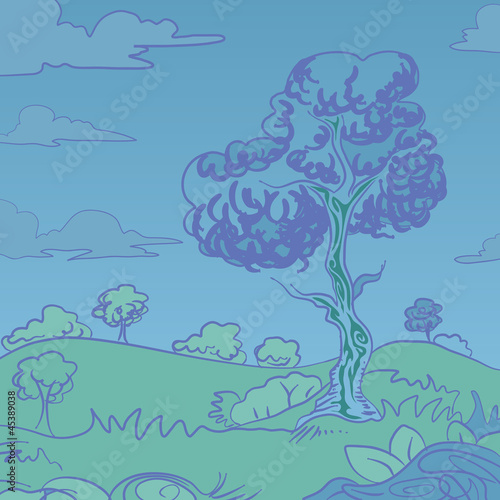 hand draw of landscape with single tree