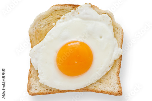 Fried egg on white toast from above.