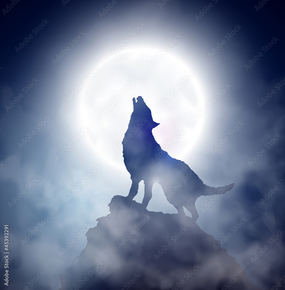 Fototapeta Wyjący wilk na skale przy księżycu w pełni