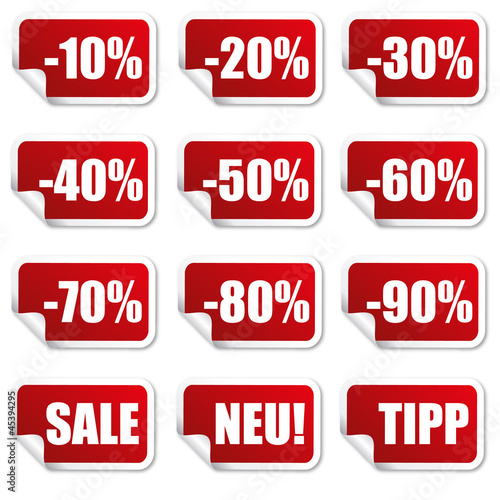 Rabatt Sticker Rechteck 10 bis 90 Prozent (Rot)