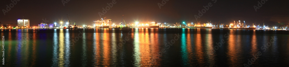 Panormaic view of seaport at night