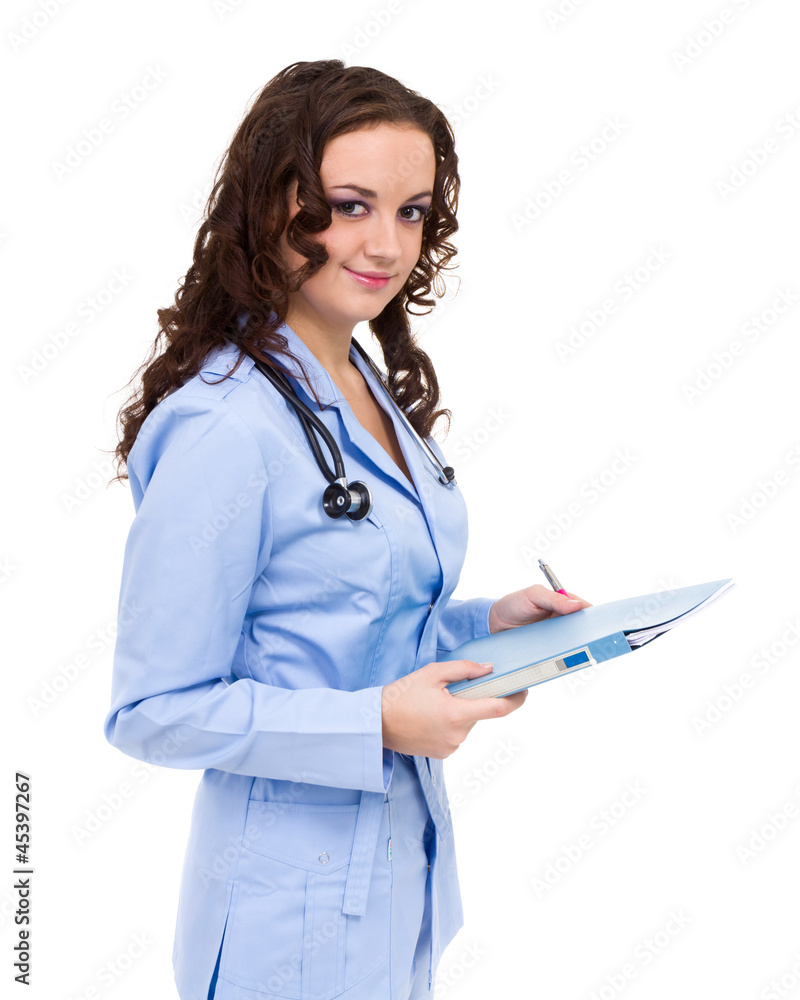 Portrait of young doctor or medic with clipboard and stethoscope Portrait of young doctor or medic with clipboard and stethoscope