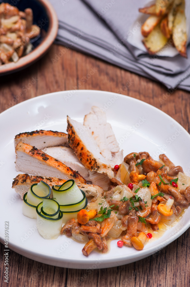 Chicken fillet with chanterelle mushrooms and baked potatoes Chicken fillet with chanterelle mushrooms and baked potatoes