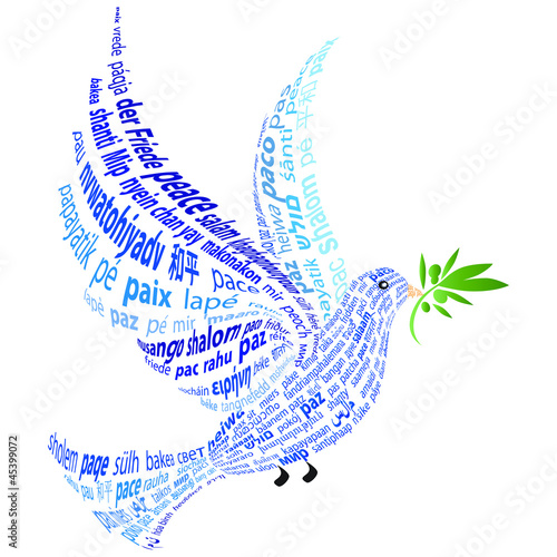 Blue Dove with the word "peace" in all languages
