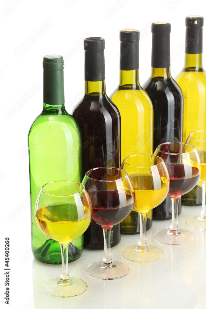bottles and glasses of wine isolated on white bottles and glasses of wine isolated on white