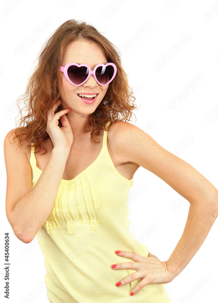 Smiling beautiful girl in glasses isolated on white