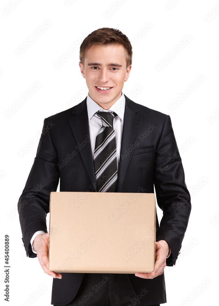 Manager in suit holding cardboard box, isolated on white Manager in suit holding cardboard box, isolated on white