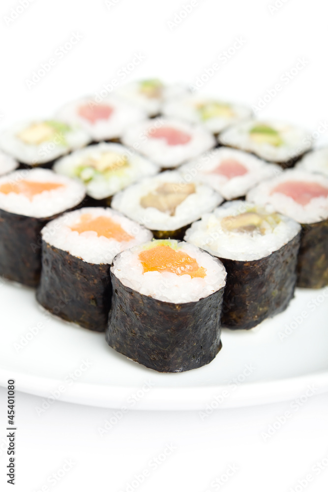 Fresh maki sushi rolls, isolated on white. Japanese food Fresh maki sushi rolls, isolated on white. Japanese food
