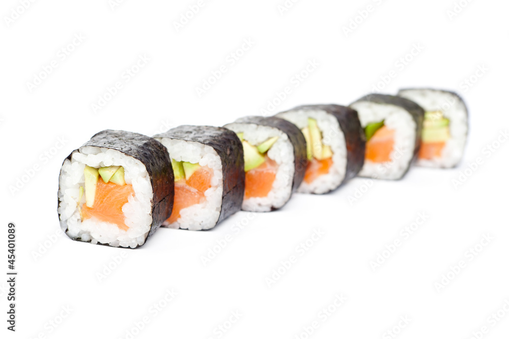 Row of fresh maki sushi rolls, isolated on white. Japanese food Row of fresh maki sushi rolls, isolated on white. Japanese food