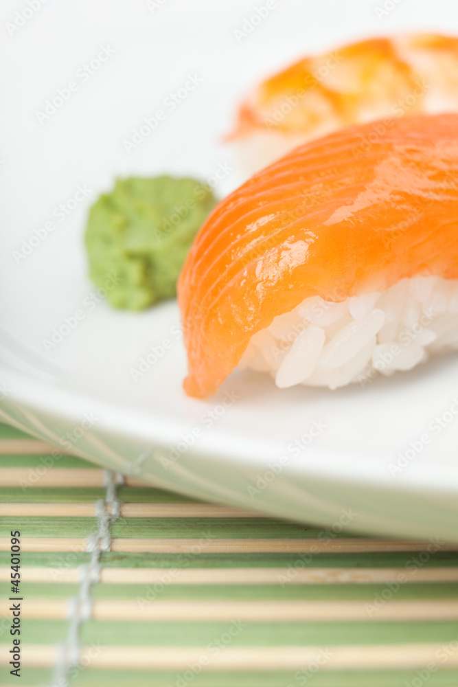 Nigiri sushi on the plate with wasabi sauce. Japanese snack Nigiri sushi on the plate with wasabi sauce. Japanese snack