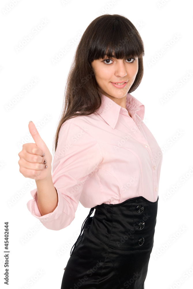 Business woman shows thumb Business woman shows thumb