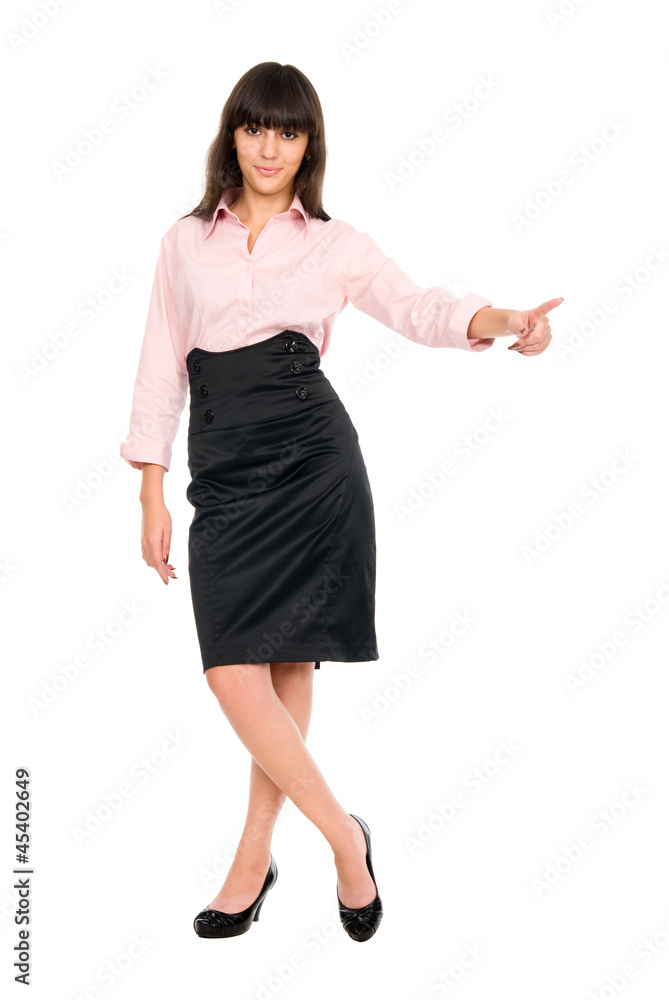 A businesswoman pointing with her finger A businesswoman pointing with her finger