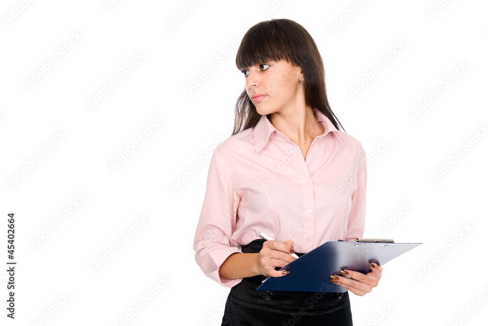 Business girl with a clipboard looking away Business girl with a clipboard looking away