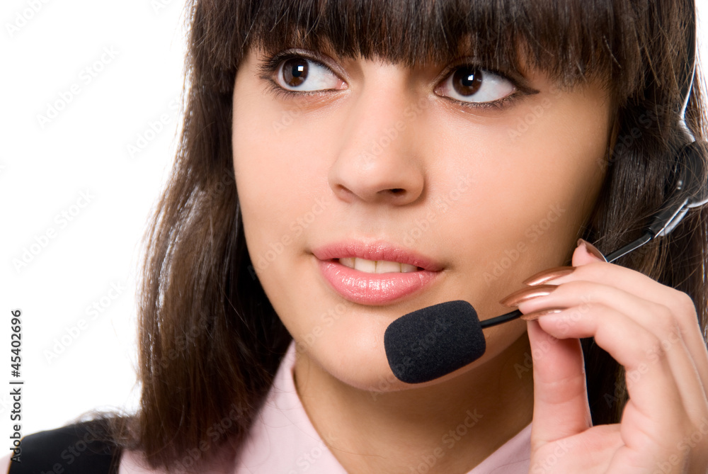 Beautiful young woman with headphones with microphone Beautiful young woman with headphones with microphone